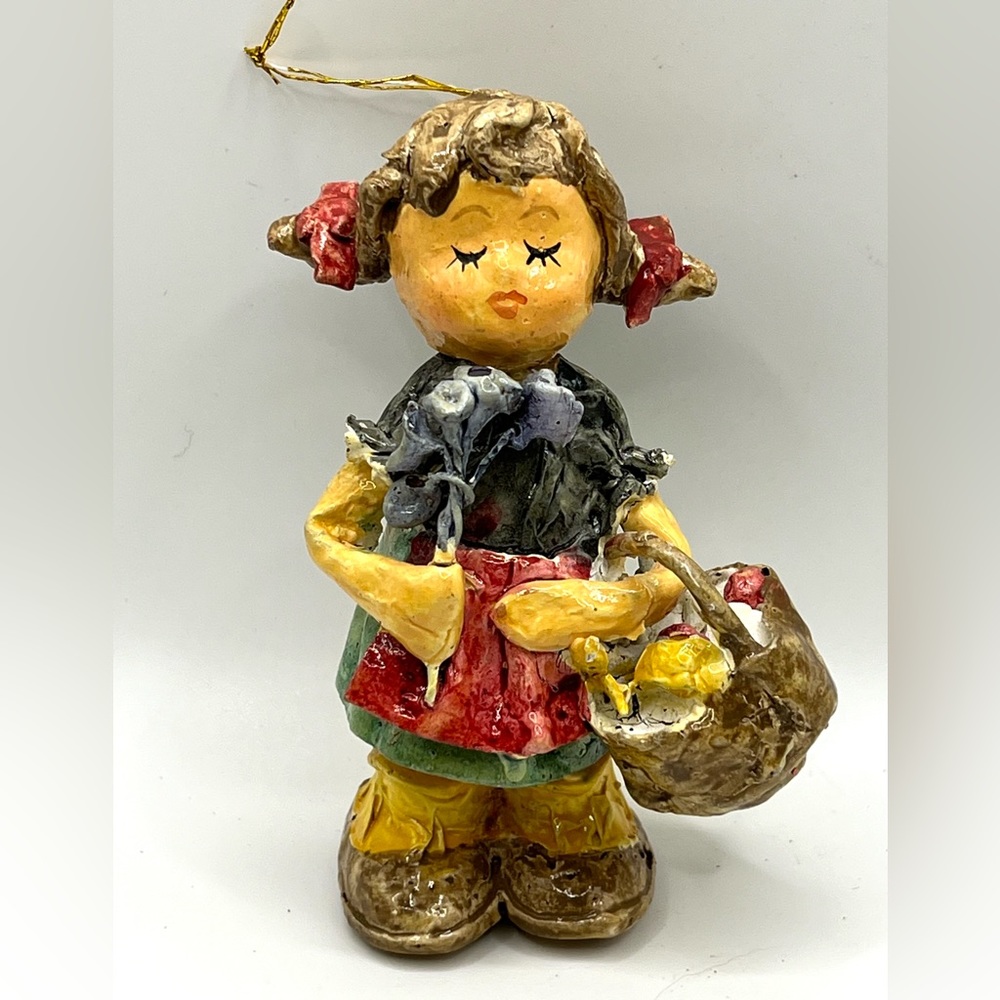 VTG Paper Mache Girl Holding Flowers Handmade Christmas Ornament Taiwan 4.5 in
